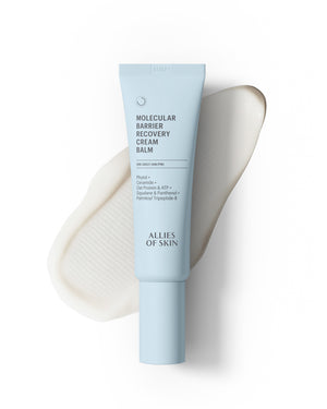 A light blue squeeze tube of Allies of Skin Molecular Barrier Recovery Cream Balm, displayed vertically on a white background with a cream-colored product smear behind it.