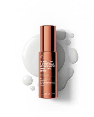 Vitamin C 20% & Citrus Cells Advanced Light Reflecting Serum Orange Bottle with Serum Displayed Behind It Against A White Background